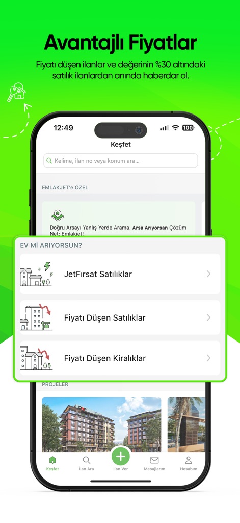 Emlakjet: Emlak Ara & İlan Ver - Die App hebt attraktive Immobilien hervor, unter anderem Sektionen für Preisnachlässe und eine Vorschau auf neue Projektimmobilien.