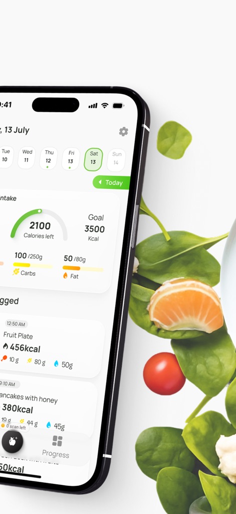 AI Calorie Counter & Meal Plan - Users can effortlessly monitor their 'Calories left' and 'Goal' for the day, complemented by a detailed breakdown of 'Carbs' and 'Fat' consumed in logged meals.