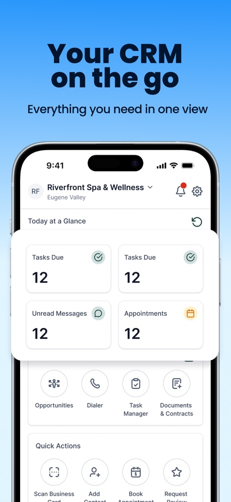 Lead Connector - Users can monitor key metrics with "Today at a Glance" widgets and access essential "Quick Actions" like Opportunities and the Dialer.