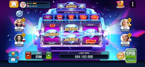 Huuuge Casino Slots Games 777 - Discover the elegant Diamond Jackpot slot machine, showcasing glimmering jackpot symbols and a clear "Jackpots" display of potential winnings.