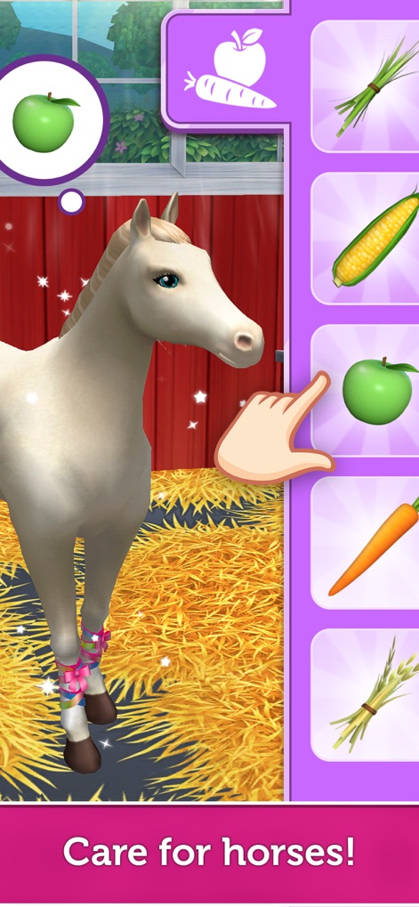 Barbie Dreamhouse Adventures - The app enables users to care for a beautiful horse, offering a selection of nutritious food items like apples and carrots.