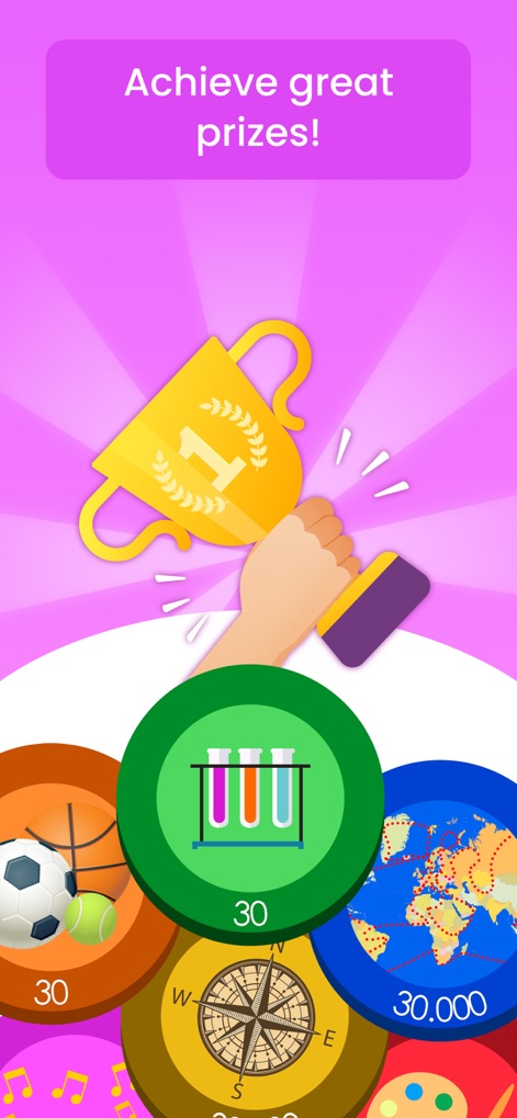 Trivia Quiz Knowledge - Die App belohnt Erfolge mit einer prestigeträchtigen Belohnungstrophäe und weiteren Anreizen, die durch thematische Belohnungsikonen dargestellt werden.