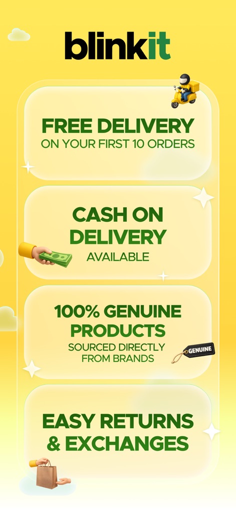 Blinkit: Groceries & more - This visual highlights user-centric benefits like 'Free Delivery on your first 10 orders' and the flexible 'Cash on Delivery' payment option.