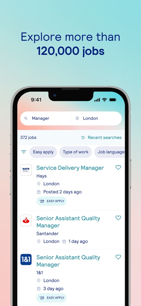 Totaljobs - UK Job Search App - Users can efficiently browse job listings using the intuitive search bar for roles and locations, while detailed entries feature company names and "Easy Apply" tags.