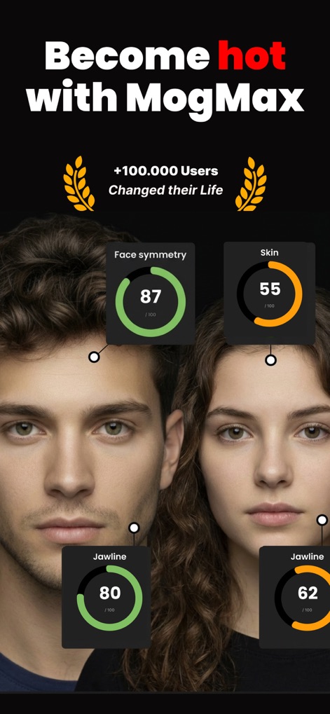 MogMax AI - LooksMax AI Rating - L'application fournit des analyses précises de la symétrie faciale et de la qualité de la peau, permettant aux utilisateurs de comprendre leurs atouts esthétiques à travers des indicateurs chiffrés et des graphiques circulaires.