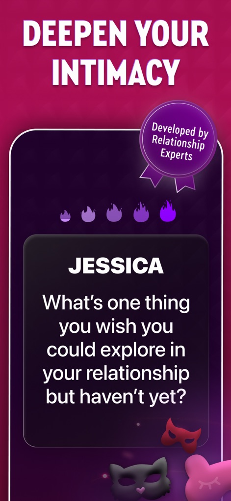 Couples games: Sex Roulette - This tool helps deepen connection with personalized questions like the one shown for 'JESSICA', supported by a 'Developed by Relationship Experts' badge and adjustable intensity through flame icons.