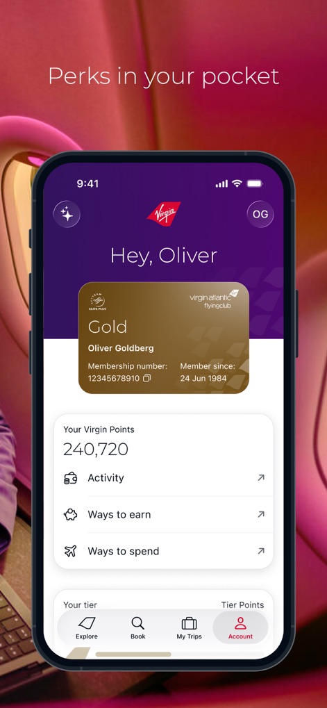 Virgin Atlantic - The app presents a personalized Flying Club dashboard where users can track their Virgin Points balance and view their Gold member status, alongside options to manage activity and explore earning/spending opportunities.