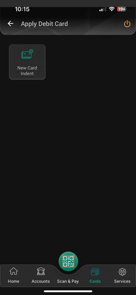 IDBI Bank GO Mobile+ - The app simplifies the process for acquiring a new debit card, prominently featuring the "New Card indent" option for users.