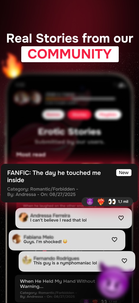 Heat: Couple Games for Adults - Users can explore a feed of 'Erotic Stories' and engage with other couples through an active comments section.