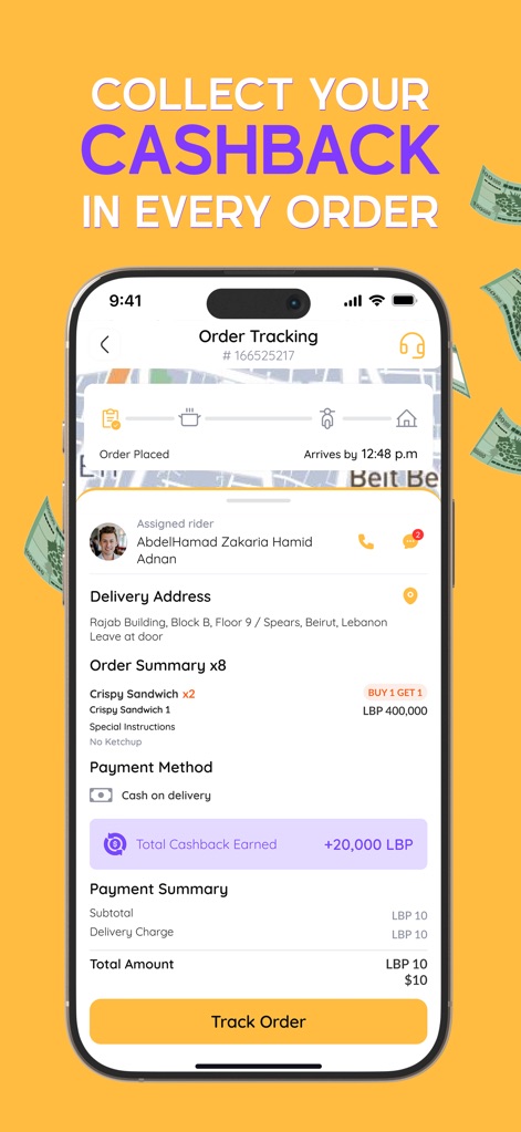 LYXA - ليكسا - Los usuarios pueden monitorear el estado de su pedido con detalles del repartidor, como 'AbdelHamad Zakaria Hamid Adnan', y visualizar las recompensas de su programa de lealtad, incluyendo un 'Total Cashback Earned +20,000 LBP'.