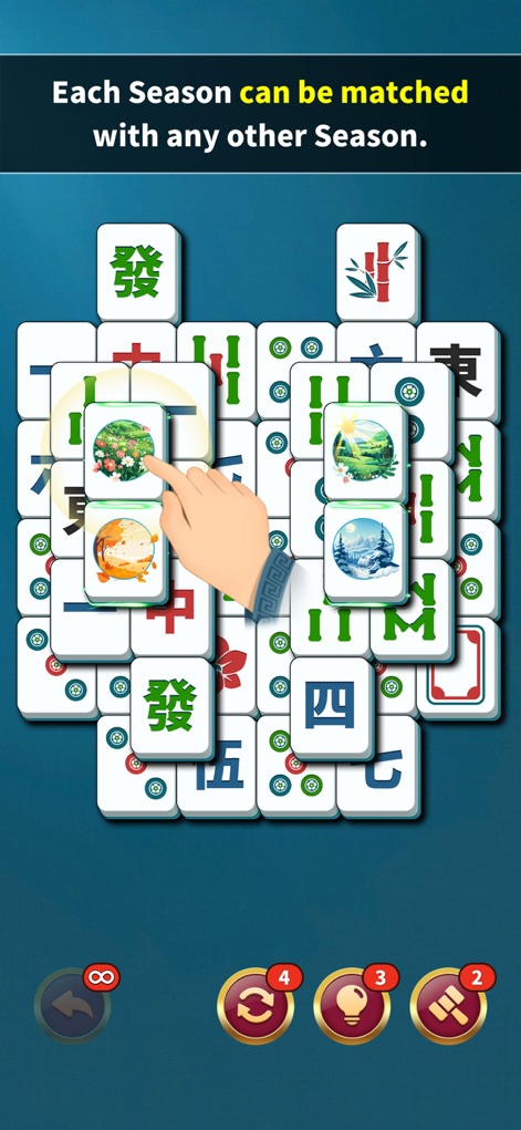 Mahjong Solitaire: Match Game - Understand the app's flexible matching mechanics, illustrated by the ability to match any season tile, and the clear visual feedback during tile selection.