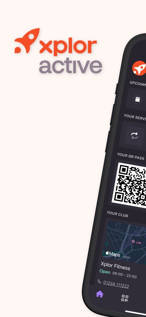 Xplor Active - Der Screenshot präsentiert das markante Xplor Active Logo und gibt einen ersten Einblick in die Benutzerfreundlichkeit der App, indem er den QR-Pass und erste Club-Informationen auf dem Startbildschirm zeigt.