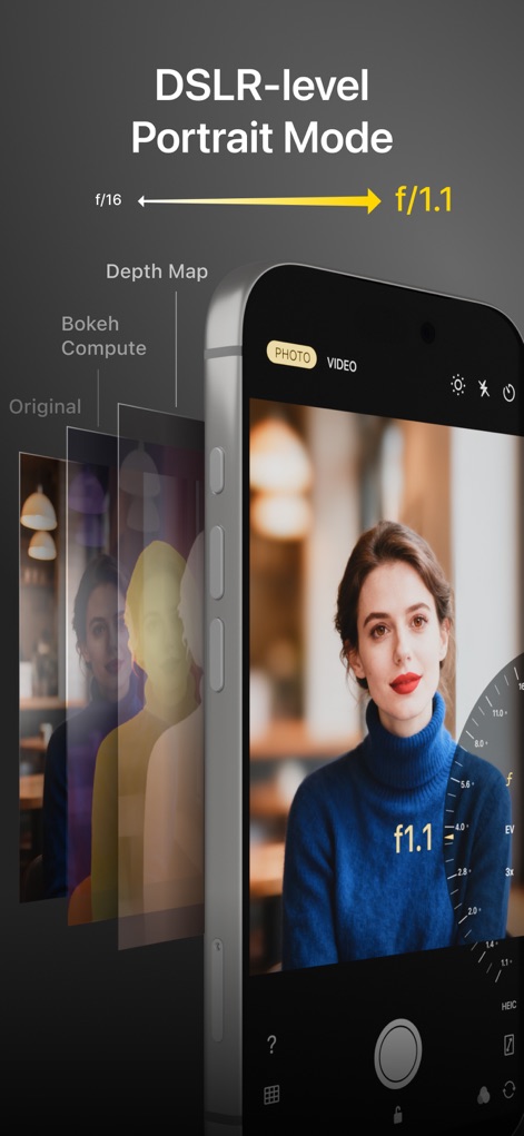 Varlens - DSLR in Phone - The app’s advanced portrait algorithm simulates optical bokeh with adjustable aperture, creating a depth-of-field blur comparable to DSLR cameras.