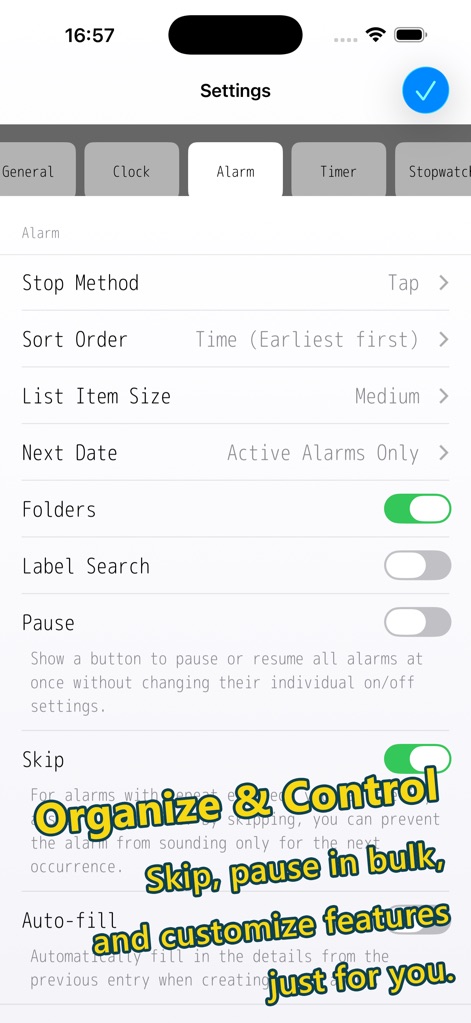 Alarm & Timer - Los ajustes de alarma ofrecen herramientas como la organización por carpetas y la opción de pausar todas las alarmas para un control centralizado.