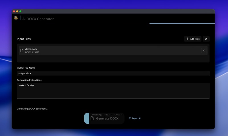 AI DOCX Generator app screenshot