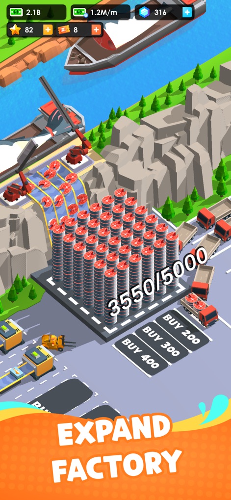 Seafood Inc - Users can observe the significant expansion of the factory, with multiple 'BUY' points available to increase storage capacity for processed goods.