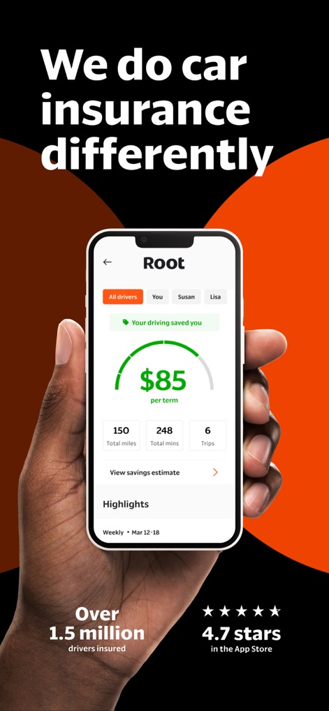 Root: Better car insurance - Users can see their personalized savings amount like the "$85 per term" display and review detailed driving metrics such as "150 Total miles" and "248 Total mins" that contributed to their discount.