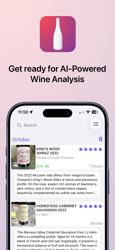 gotBottle: Wine Notes - Die App präsentiert eine übersichtliche Liste der erfassten Weine mit ihren Namen und Bewertungen, ergänzt durch detaillierte Beschreibungen für jeden Eintrag.