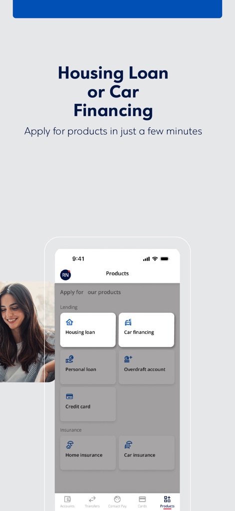 Eurobank Cyprus - L'application met en évidence des options de financement structurées comme les prêts immobiliers et le financement automobile pour des demandes rapides.
