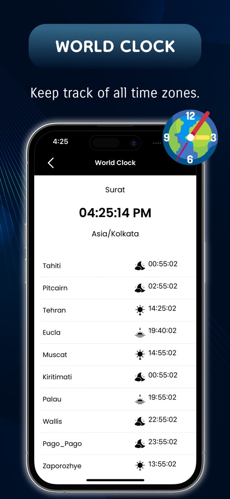Router Password : WIFI Connect - Suivez l'heure mondiale avec une liste claire des fuseaux horaires et les icônes indiquant le jour ou la nuit.