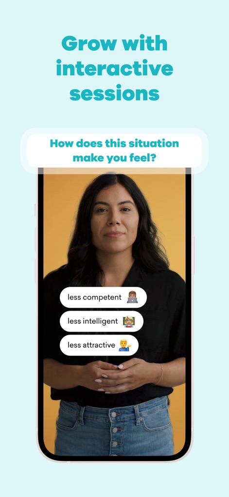 MindDay: Mental Health, Stress - L'application propose des sessions interactives où les utilisateurs peuvent explorer leurs émotions en répondant à des questions ciblées et identifier leurs sentiments profonds via des boutons de sélection visuels.