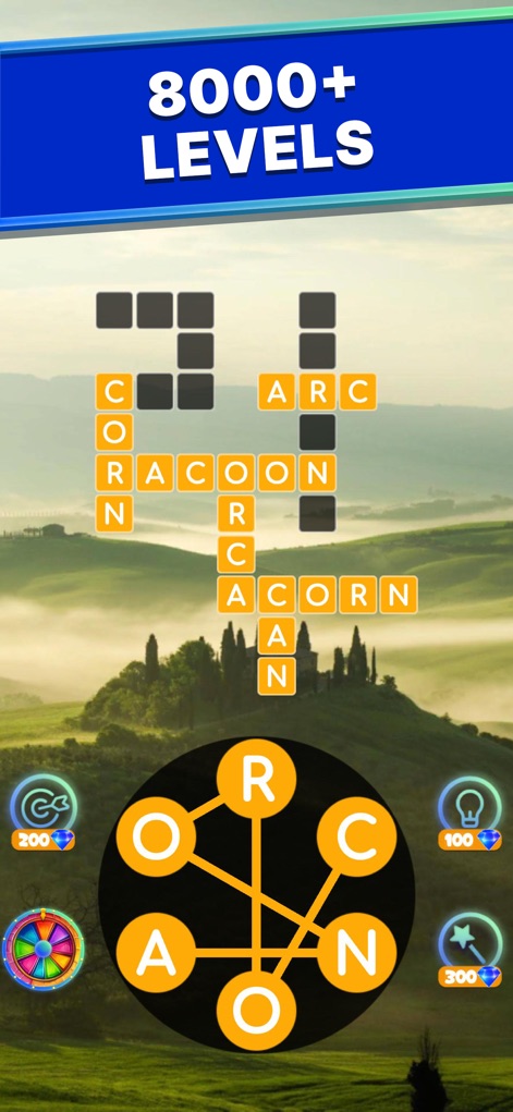 Calming Word Tour - La aplicación garantiza horas de entretenimiento con la etiqueta "8000+ LEVELS", presentando una multitud de desafíos de palabras sobre un idílico paisaje bucólico.