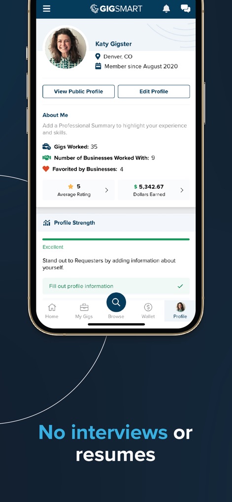 GigSmart Get Gigs - Questo strumento semplifica il processo di ricerca lavoro con un profilo utente dettagliato ma intuitivo, che evidenzia metriche chiave come "Gigs Worked: 35" e "Dollars Earned: $5,342.67", senza la necessità di curriculum tradizionali.