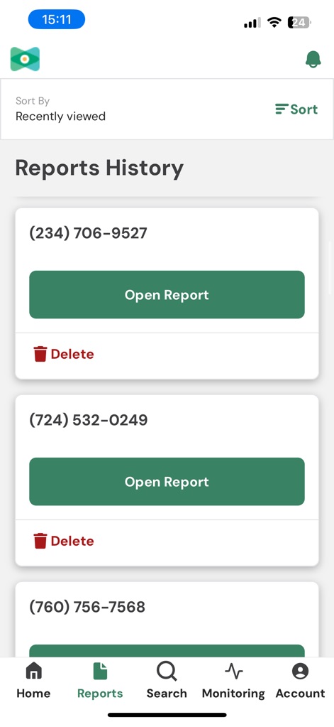 TruthFinder Search - La aplicación permite ver el 'historial de informes', donde cada entrada muestra un 'número de teléfono' y opciones para abrir o eliminar el reporte.