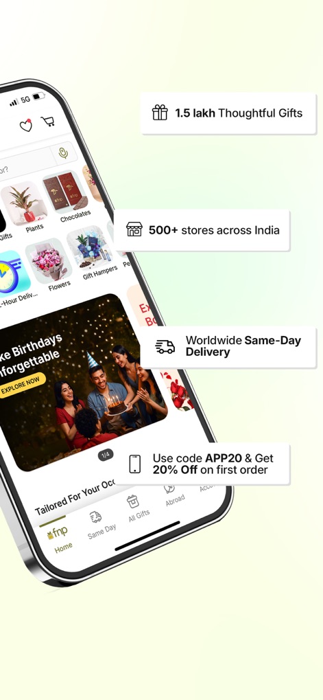 FNP: Gifts, Flowers, Cakes App - This tool highlights its extensive catalog of '1.5 lakh Thoughtful Gifts' and boasts convenient options like 'Worldwide Same-Day Delivery' for users.