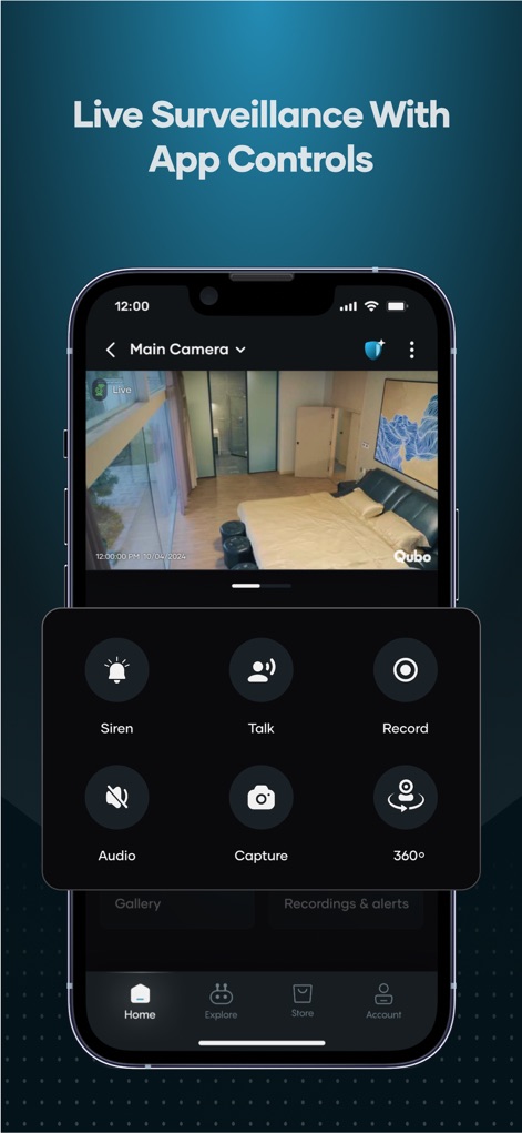 Qubo - Nutzer erhalten eine Echtzeit-Live-Ansicht der Kamera (X) und können direkt über interaktive Kontrolloptionen wie die Sirene oder die Zwei-Wege-Kommunikation (Y) eingreifen.