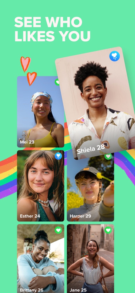Zoe: Lesbian Dating & Chat - The 'SEE WHO LIKES YOU' feature presents a clear grid of potential matches, showcasing their profile pictures and ages, such as 'Mei 23' and 'Shiela 28', streamlining the connection process.