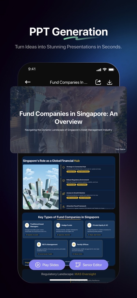 Agnes — Your AI for Life - Turn ideas into professional presentations quickly, with intuitive buttons to 'Play Slides' for immediate review and access a 'Senior Editor' for further refinement.