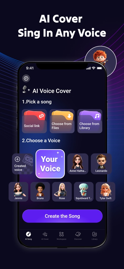 Rythmix - AI Music Generator - Esta función de "AI Voice Cover" permite a los usuarios seleccionar una canción de varias fuentes y aplicar diferentes estilos vocales de IA, como se evidencia por la colección de avatares que representan distintas voces.