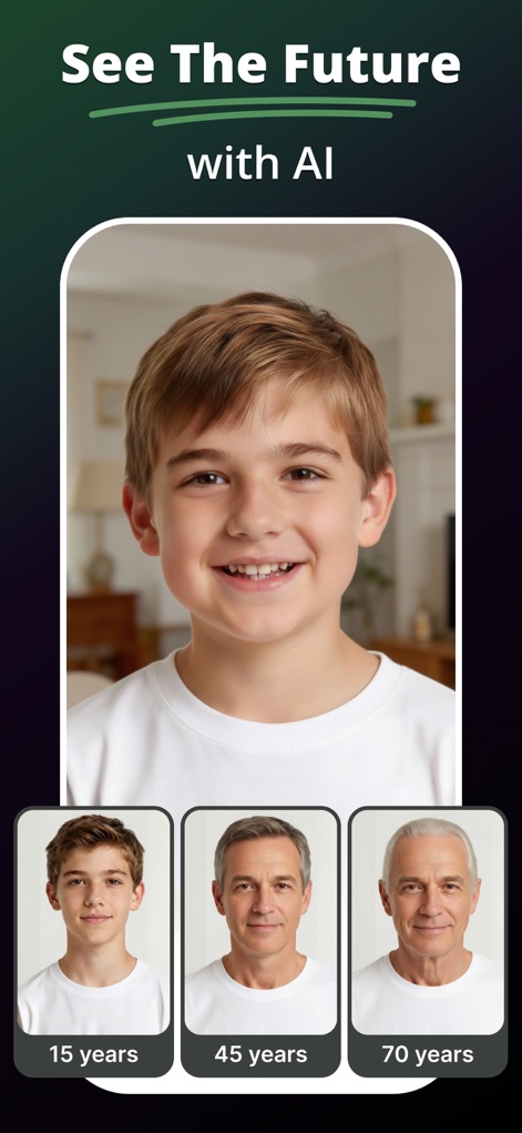 MePic－AI Photo Video Generator - The app offers an intriguing AI age progression feature, demonstrating a child's appearance evolving into a teenager, an adult, and an elderly individual.
