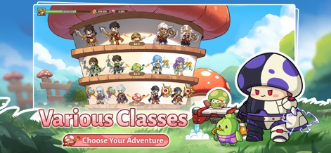 Legend of Mushroom - Nutzer können die verschiedenen Klassen und Charakterentwicklungen auf der gestuften Plattform betrachten, ergänzt durch das markante Design des großen violetten Pilzcharakters rechts.