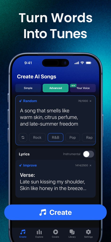 AI Music, Song Generator・Shoom - 사용자는 상세한 텍스트 프롬프트를 입력하여 원하는 분위기를 설정할 수 있으며, 'Rock' 및 'R&B'와 같은 다양한 장르를 선택하여 AI 음악을 생성할 수 있습니다.