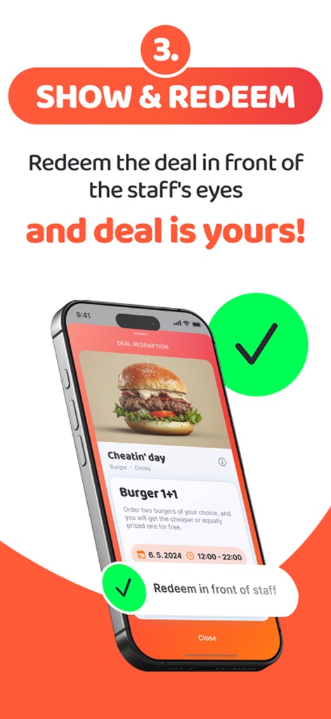 TasteTown - O aplicativo simplifica o resgate de ofertas com uma tela de confirmação visual, exibindo claramente o detalhe da oferta como 'Burger 1+1' e um grande 'tick verde' de sucesso.