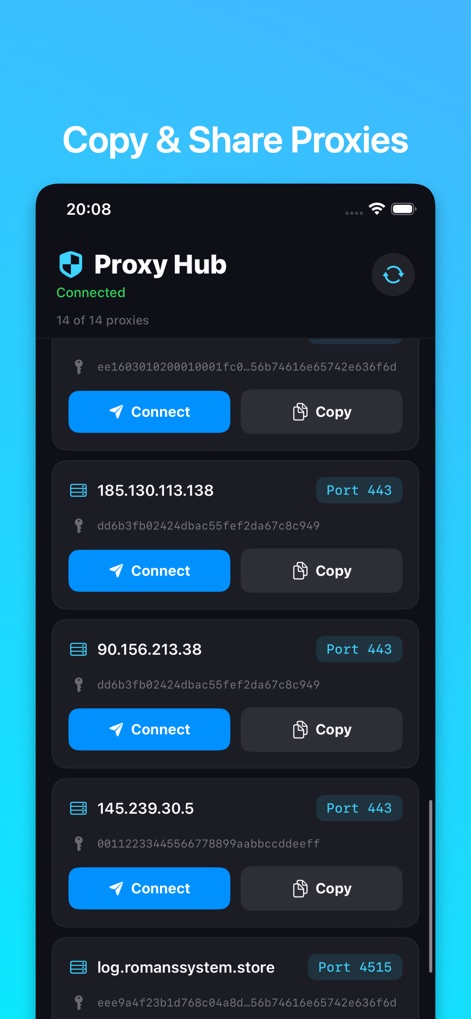 MTPROXY: MTPROTO Proxy تلگرام - The app simplifies proxy management, enabling users to 'Copy' connection details for sharing and displaying a clear count of available '14 of 14 proxies'.
