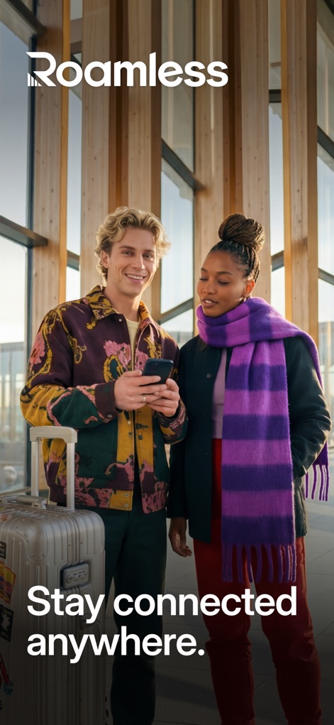 Roamless: eSIM Travel Internet - See how the app enables seamless global connectivity, depicted by travelers in an airport setting and the clear "Stay connected anywhere" message.