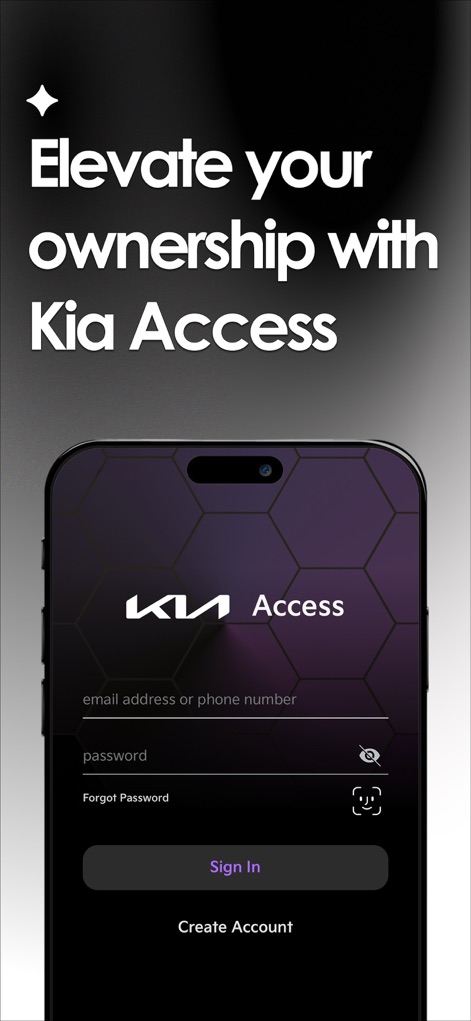 Kia Access - The app streamlines entry, showing fields for 'email address or phone number' and a 'Sign In' button, ensuring personalized access for users.