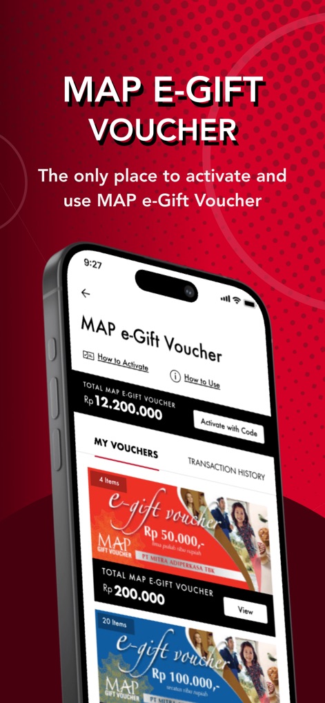 MAPCLUB - This section allows users to manage their total MAP e-Gift Voucher balance and access individual voucher listings for easy redemption.