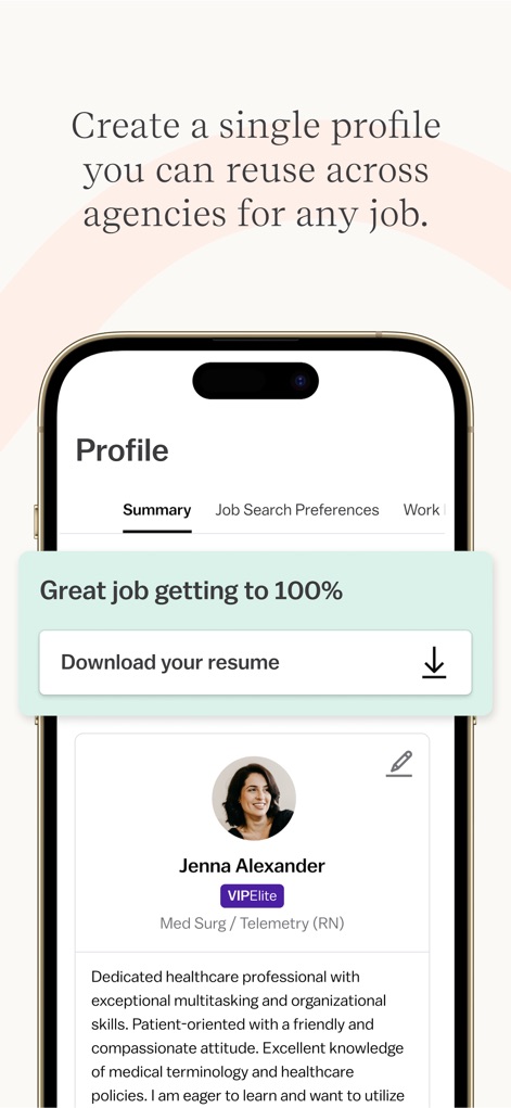 Vivian - Find Healthcare Jobs - Users can build a comprehensive professional 'Profile' and conveniently 'Download your resume' for streamlined job applications.