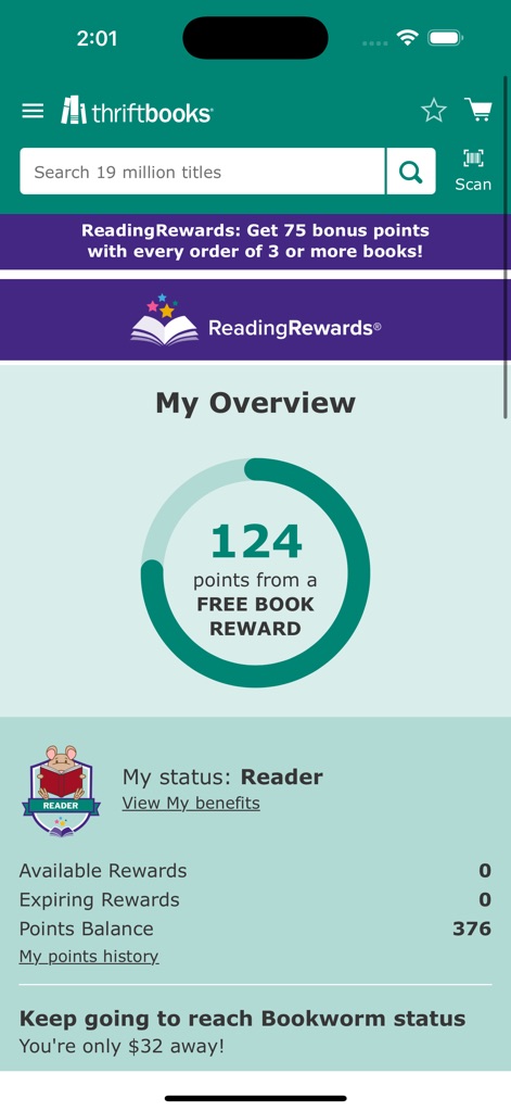ThriftBooks: New & Used Books - Les lecteurs peuvent visualiser leur progression vers une récompense de livre gratuit via le "cercle de points ReadingRewards" et consulter leur "statut de membre Reader".