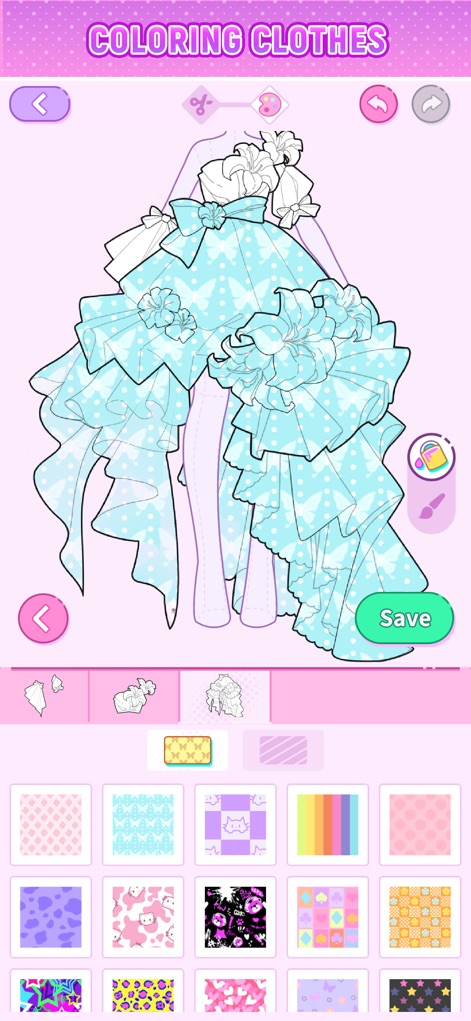 Sparkle Style: Fashion Design - Dive into the 'Coloring Clothes' feature, allowing users to personalize outfits with unique patterns and customize intricate details on a glamorous gown outline.
