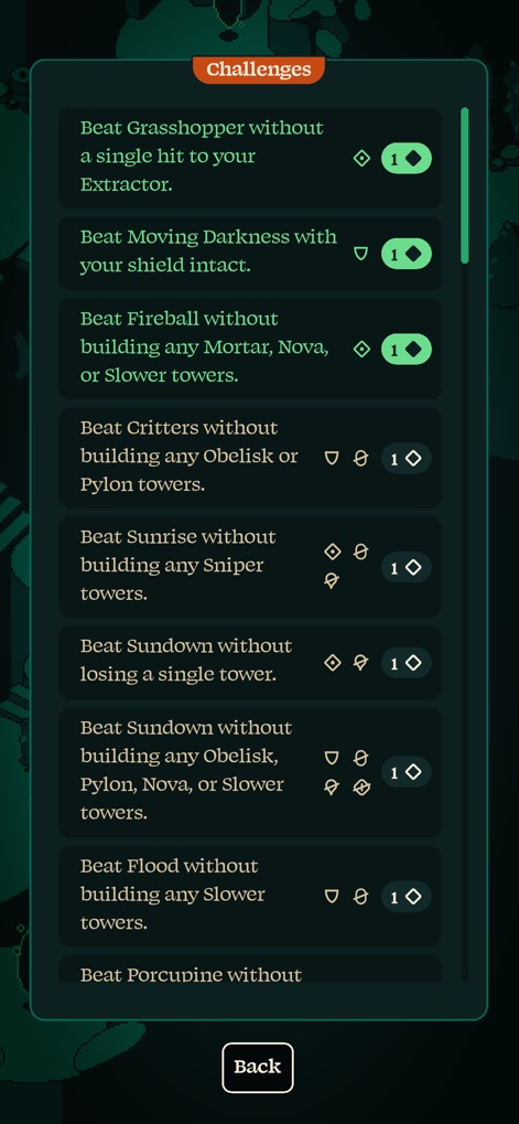 Rift Riff - Examine the detailed 'Challenges' menu, presenting specific objectives like 'Beat Grasshopper without a single hit to your Extractor' for extended gameplay.