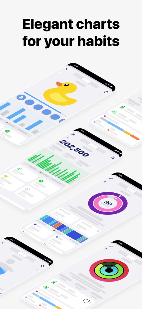 GrowPal: Health & Fitness - The app transforms health data into clear, actionable insights through elegant bar charts for tracking progress and colorful activity rings for daily goals.