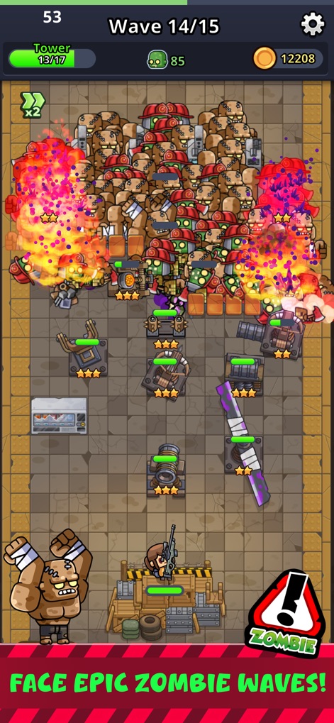 Zombie Fortress: Trap Defense - Witness the chaotic and explosive combat against massive zombie waves, including special armored enemies and environmental fire effects.