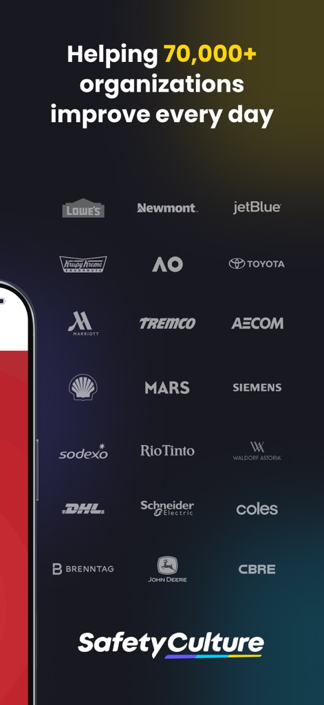 SafetyCulture (iAuditor) - The app demonstrates widespread industry trust, highlighted by "logos of leading global brands" and a commitment to helping "over 70,000 organizations".