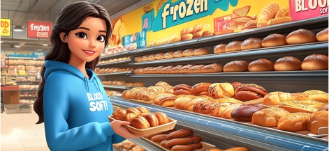 Cooking Fun®: Food Games - The app reveals a well-stocked bakery aisle, displaying numerous freshly baked bread items and a character selecting supplies for the restaurant.