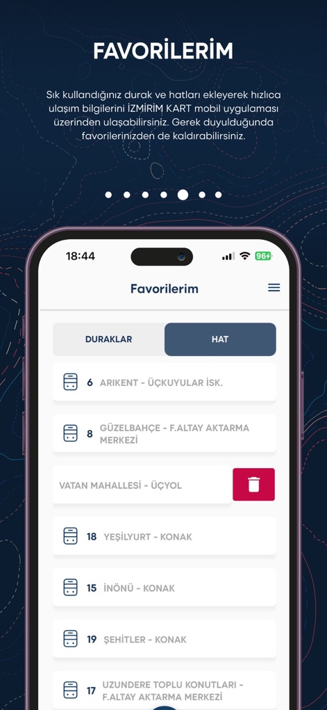 İzmirim Kart - Dijital Kart - This section allows users to quickly access their frequently used stops and lines, with clear options for managing (adding/removing) these favorites.